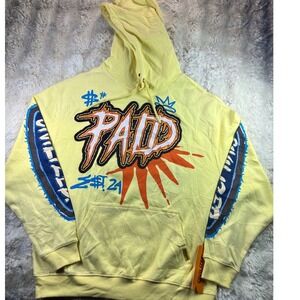 Civilized Paid Graphic Hoodie Mens Sz L Yellow Streetwear Pullover A24